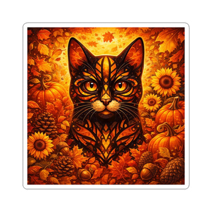 Autumn Cat Kiss-Cut Sticker — Pumpkin, Sunflower & Fall Leaves Design