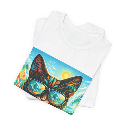White T-shirt stack with cat sunglasses and surf graphic on front
