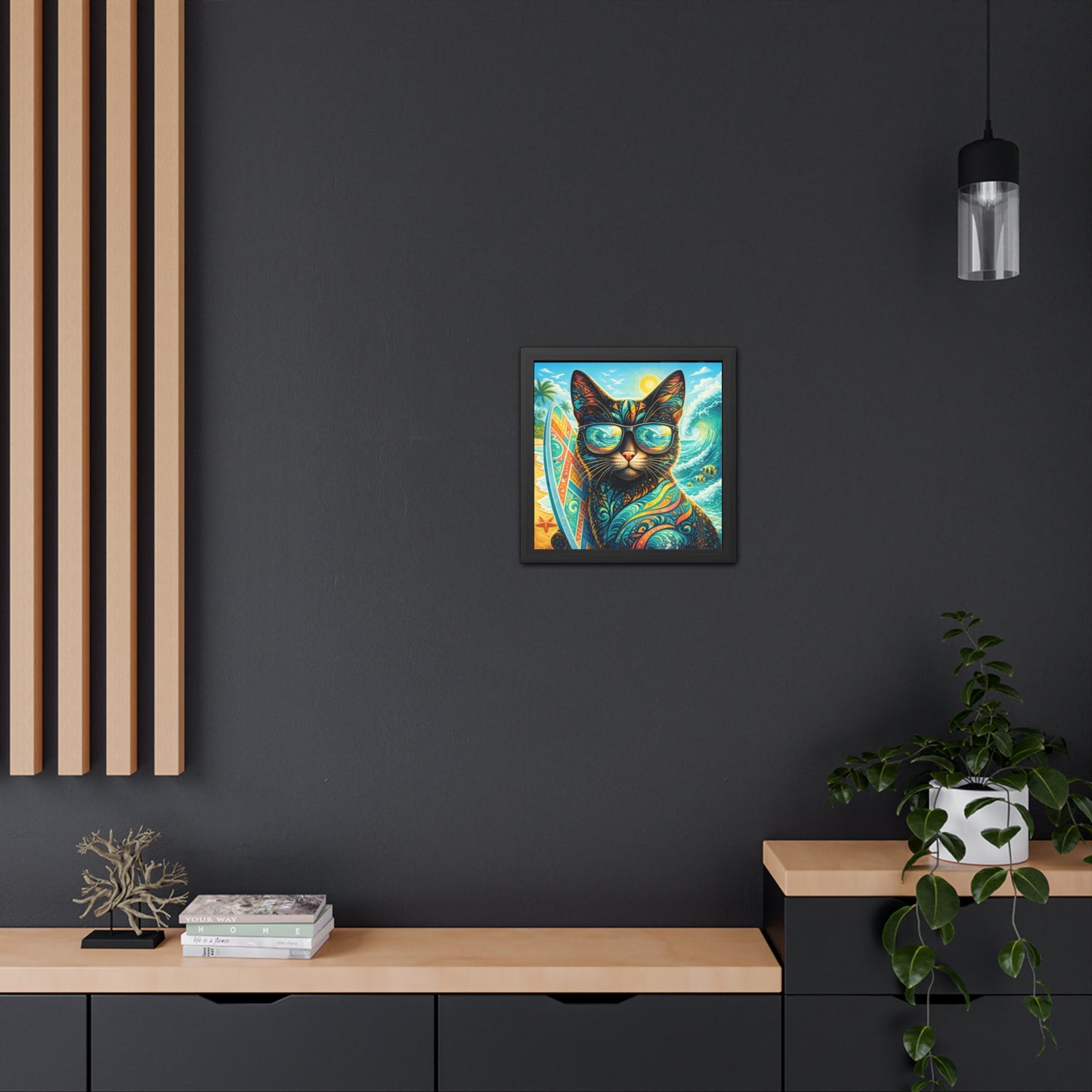 Surfing Cat Framed Poster — Colorful Tropical Cat with Sunglasses Art