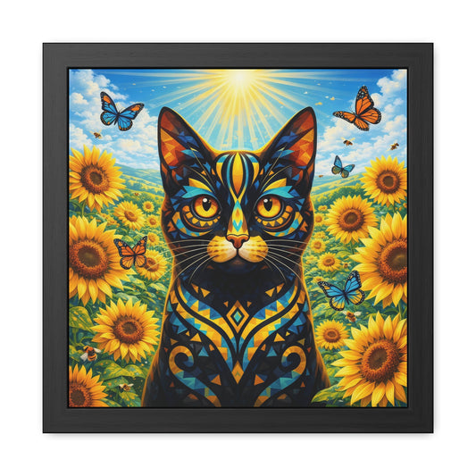 Framed cat stained-glass art print with sunflowers, butterflies, and bright orange-yellow hues.