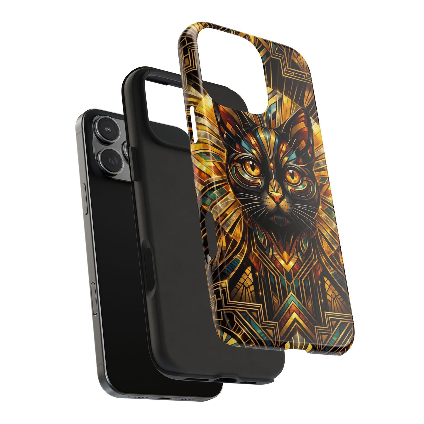 Art Deco Cat Tough Phone Case — Golden Geometric Protective Cover