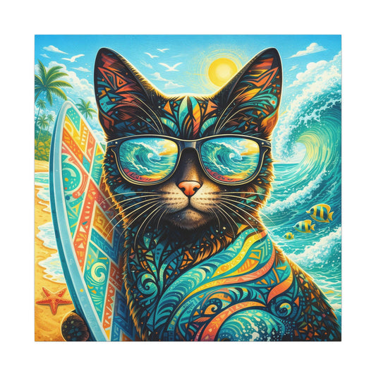 Canvas wall art of a colorful cat wearing mirrored sunglasses with tropical patterns