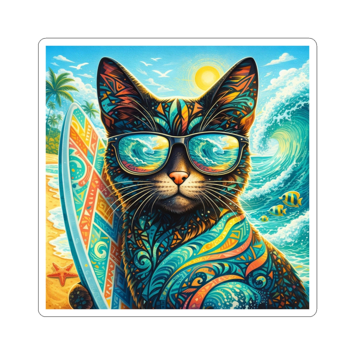 Surfing Cat Sticker — Colorful Tropical Beach Cat Kiss-Cut Sticker
