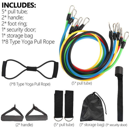 Resistance band set accessories: pull tubes, handles, foot ring, storage bag, door anchor