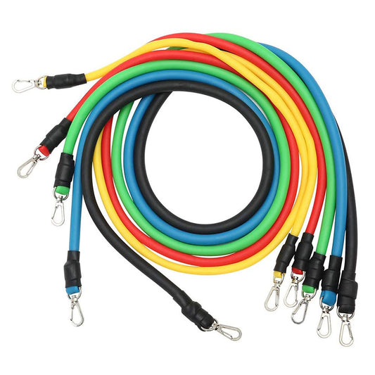 11-piece resistance band set with colorful pull tubes and metal clips, plus handles