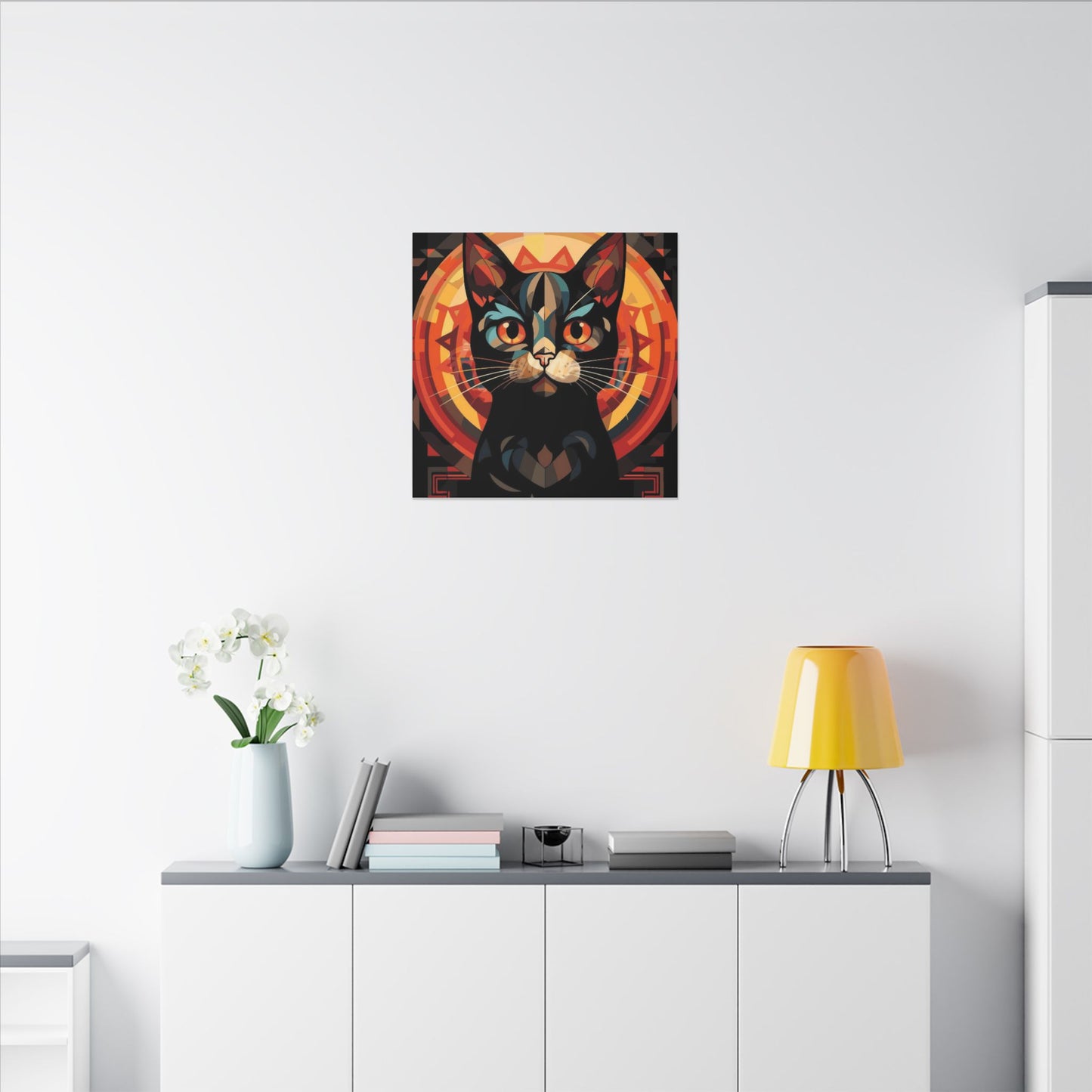 Geometric Black Cat Canvas Art – Modern Abstract Cat Portrait