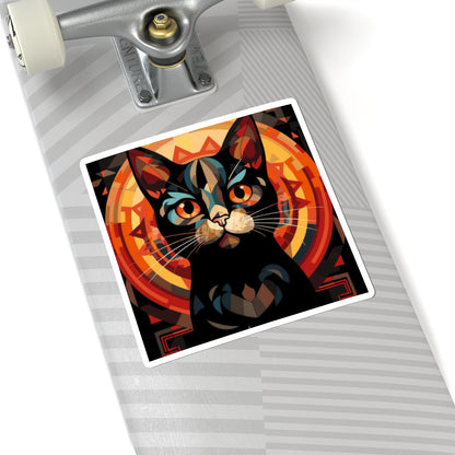 Mystic Black Cat Sticker — Retro Geometric Kiss-Cut Decal
