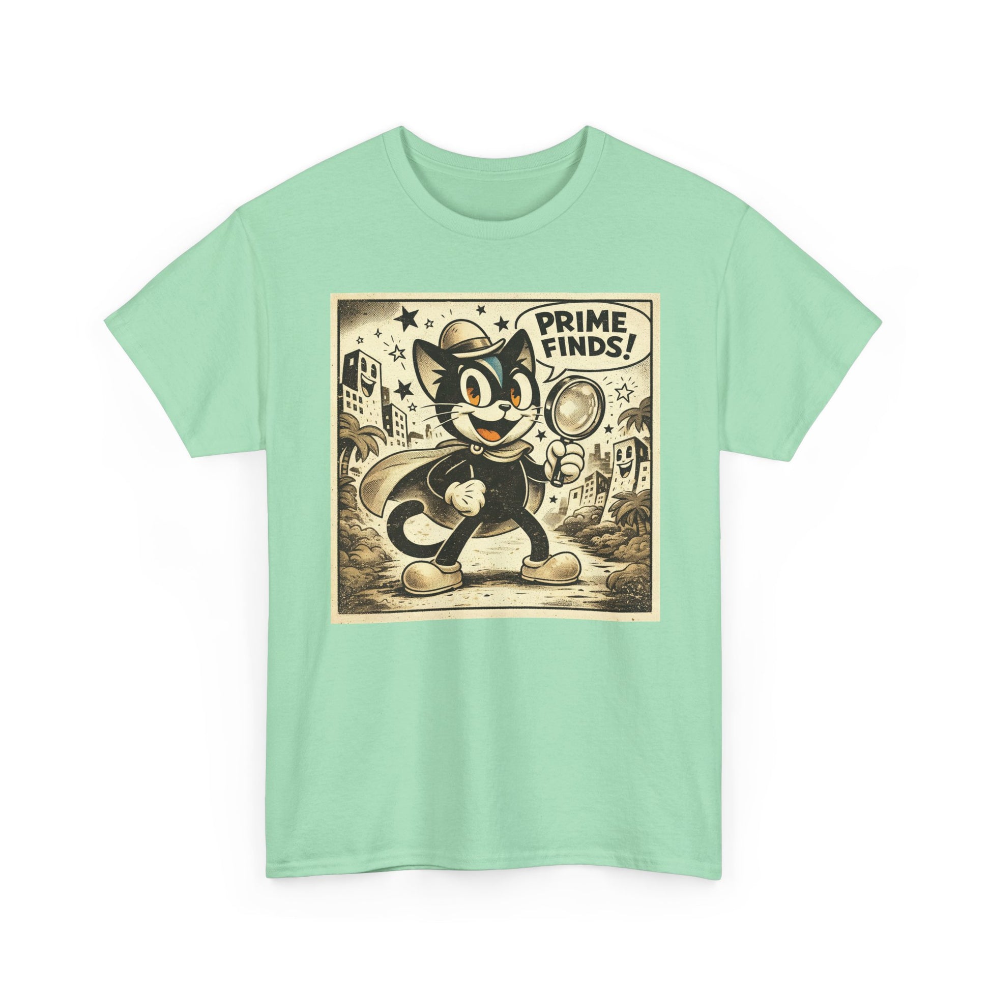 Mint green vintage detective cat t-shirt with retro cartoon print on the chest