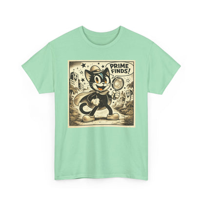 Mint green vintage detective cat t-shirt with retro cartoon print on the chest