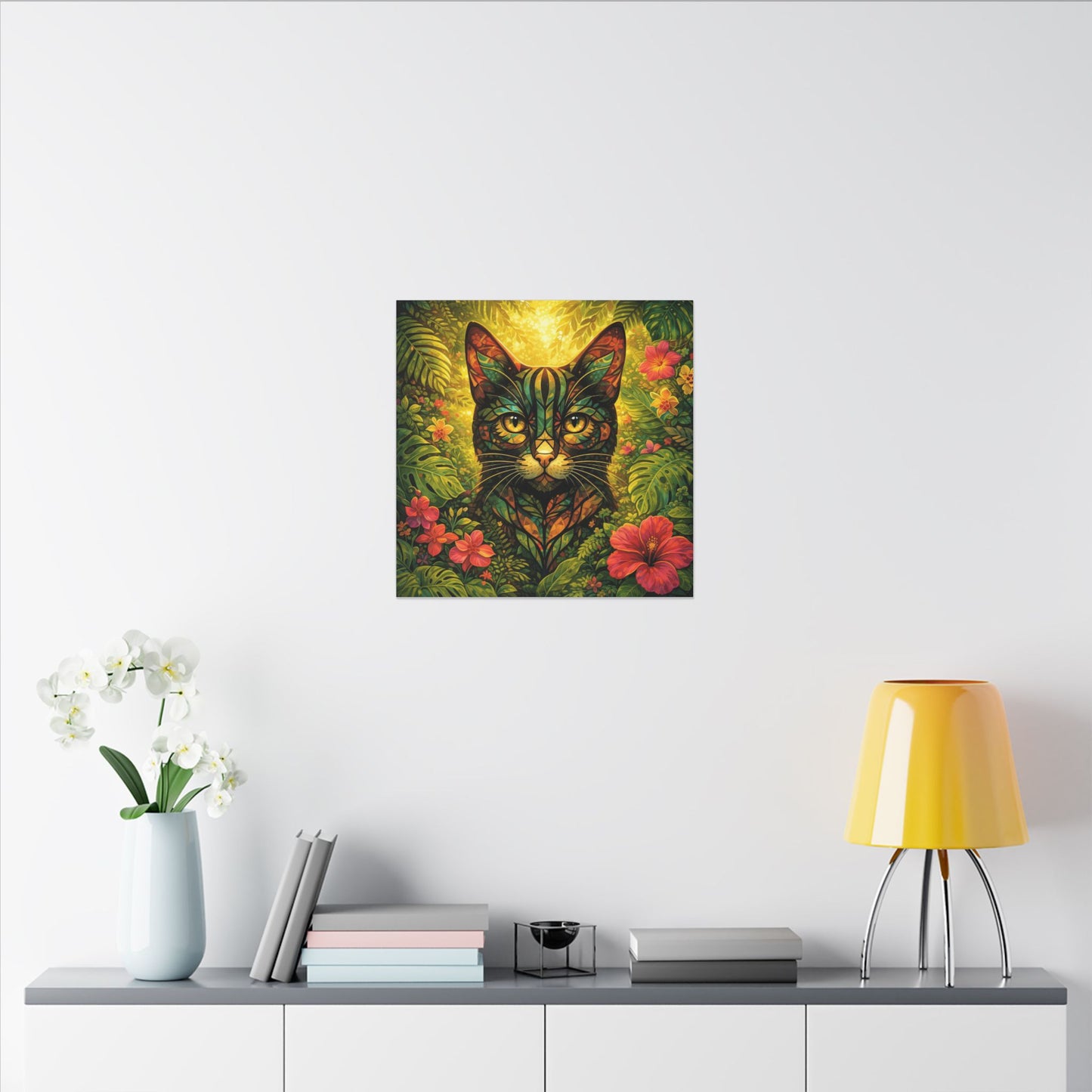 Tropical Cat Canvas Wall Art — Colorful Botanical Cat Portrait on Matte Stretched Canvas