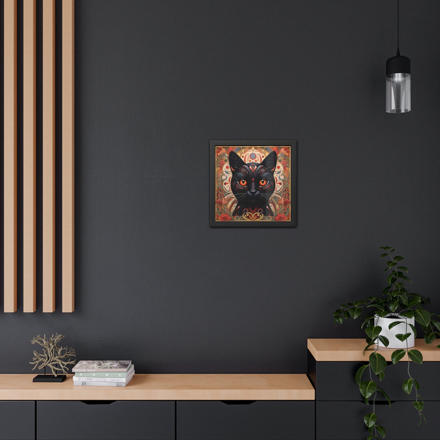 Black Cat Art Print — Framed Poster with Ornate Floral Mandala Design
