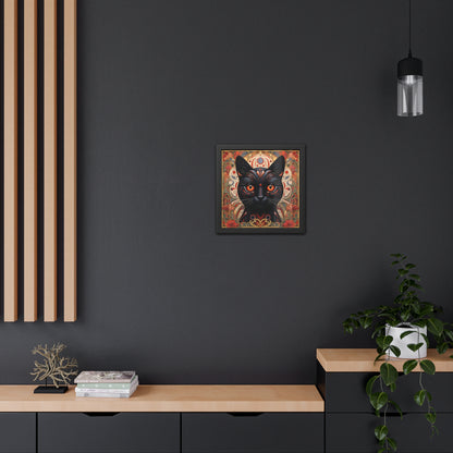Black Cat Art Print — Framed Poster with Ornate Floral Mandala Design