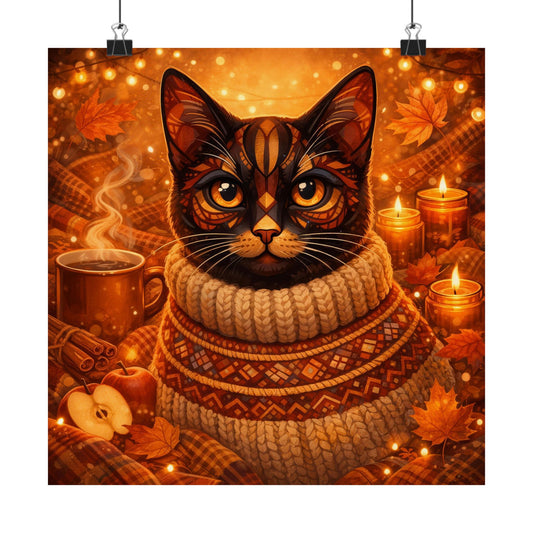 Cat autumn poster with black tabby wearing knit scarf, warm candles and falling leaves