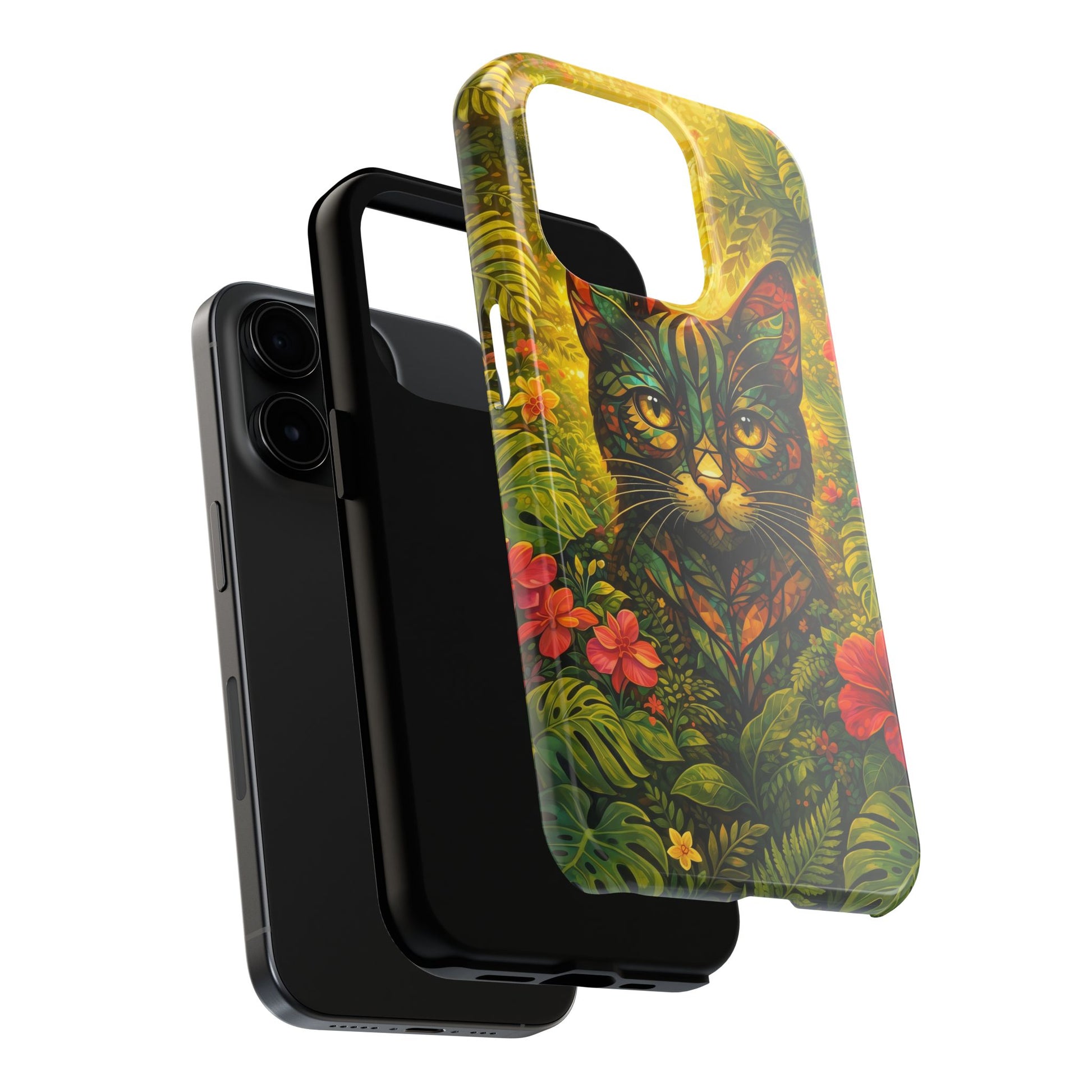 Tough phone case back view with jungle cat illustration, green foliage and red blossoms, bumper frame.