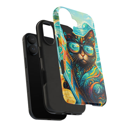 Tropical Surf Cat Tough Phone Case — Colorful Sunglasses Cat Slim Protective Cover