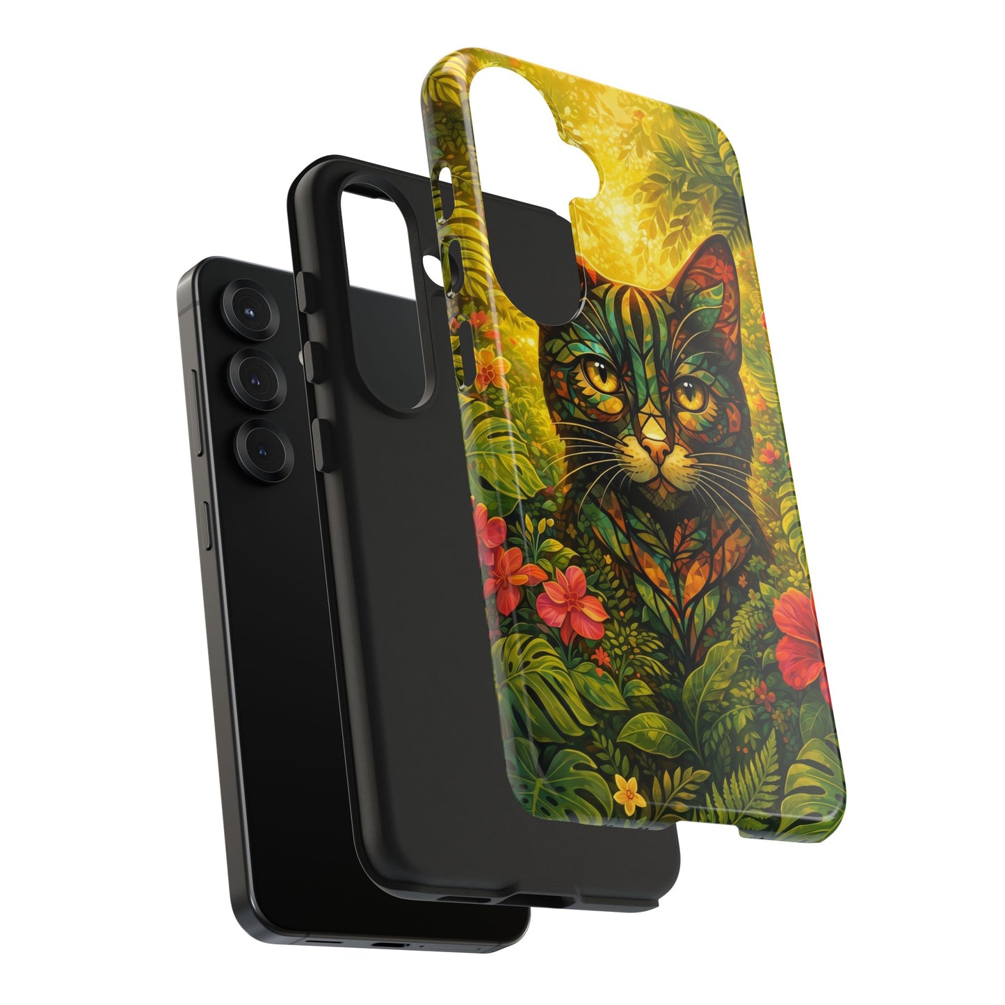 Tough phone case with jungle cat print on the back and camera cutout details