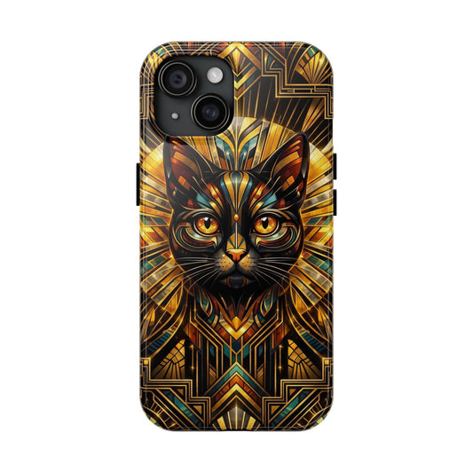 Phone case with colorful cat face and Art Deco geometric pattern, gold and dark accents