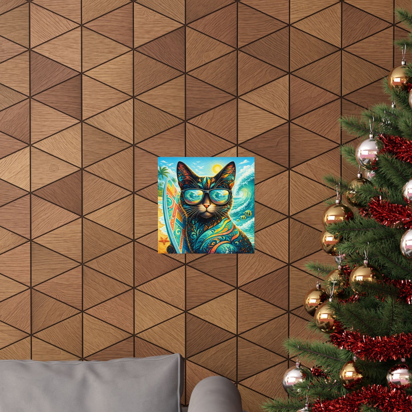 Surf Cat Poster — Colorful Tropical Cat with Sunglasses Matte Vertical Art
