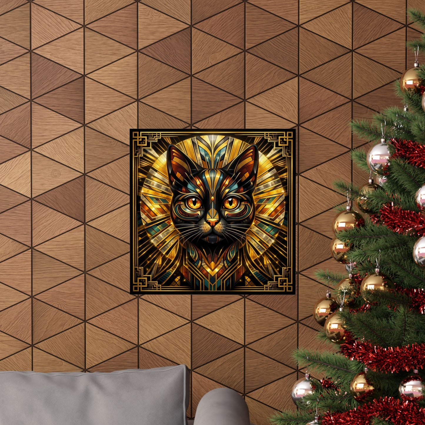 Art Deco Golden Cat Poster — Matte Vertical Wall Art