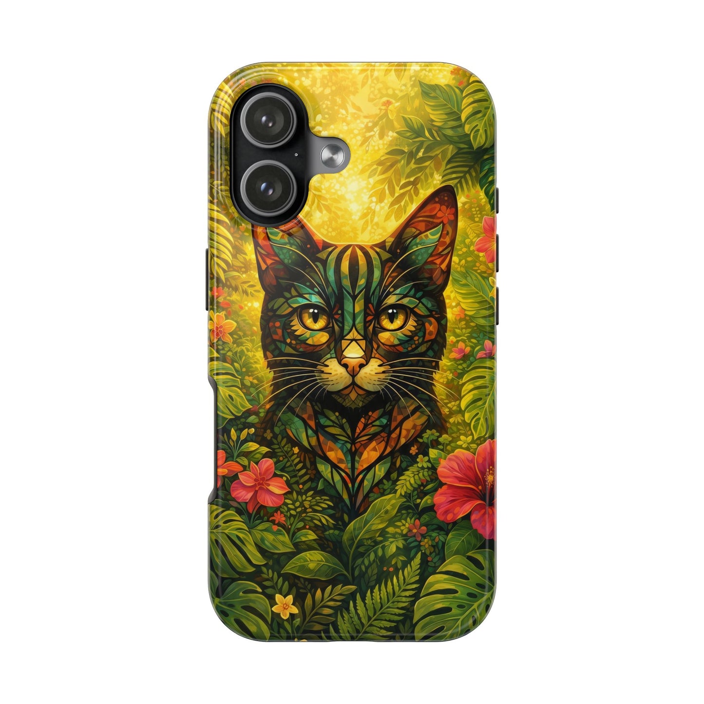 Tough phone case with jungle cat portrait and tropical leaves pattern