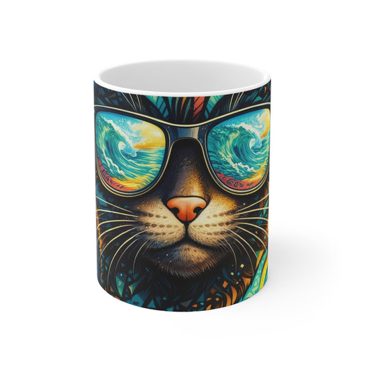 Cat with sunglasses wave-print mug, white interior and rim, front view