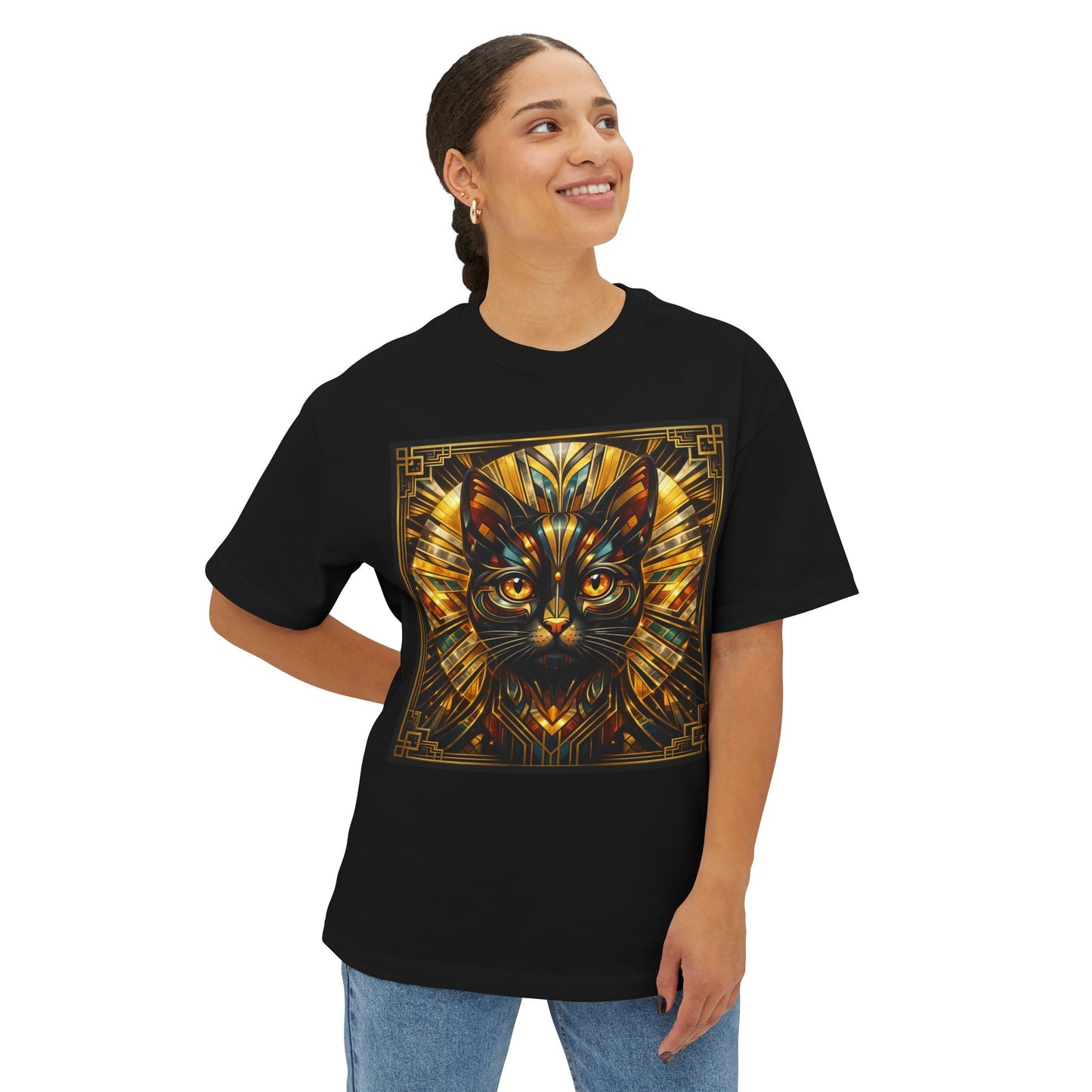 Art Deco Cat Graphic Tee — Golden Stained-Glass Feline Print