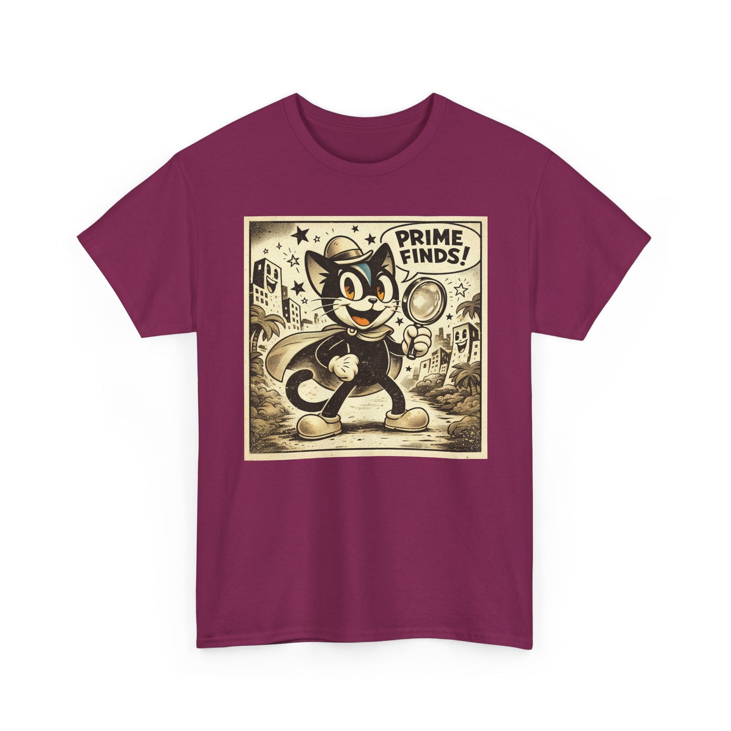 Maroon vintage detective cat t-shirt with retro cartoon print on the chest