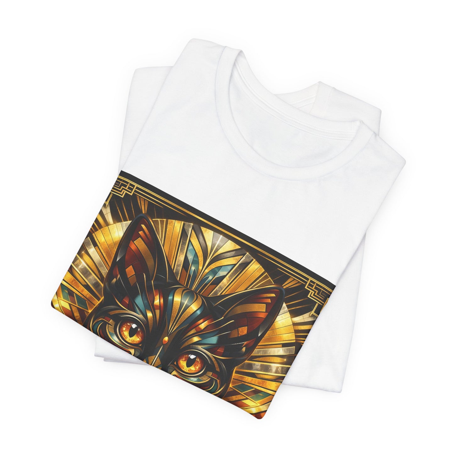 Art Deco Cat T-Shirt — Golden Geometric Cat Face Tee