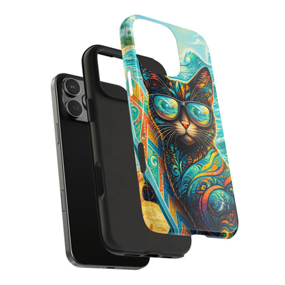 Tropical Surf Cat Tough Phone Case — Colorful Sunglasses Cat Slim Protective Cover