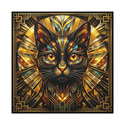 Art Deco Cat Canvas Print — Golden Geometric Feline Wall Art