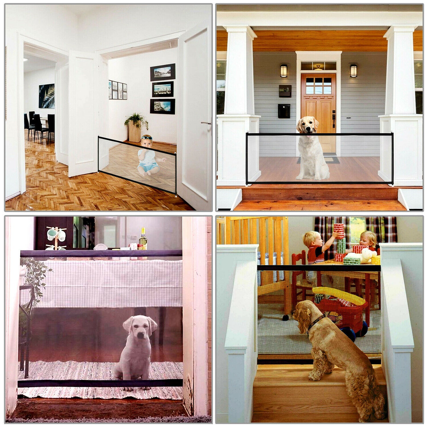 Black mesh portable pet gate set up across doorway, keeping dogs contained