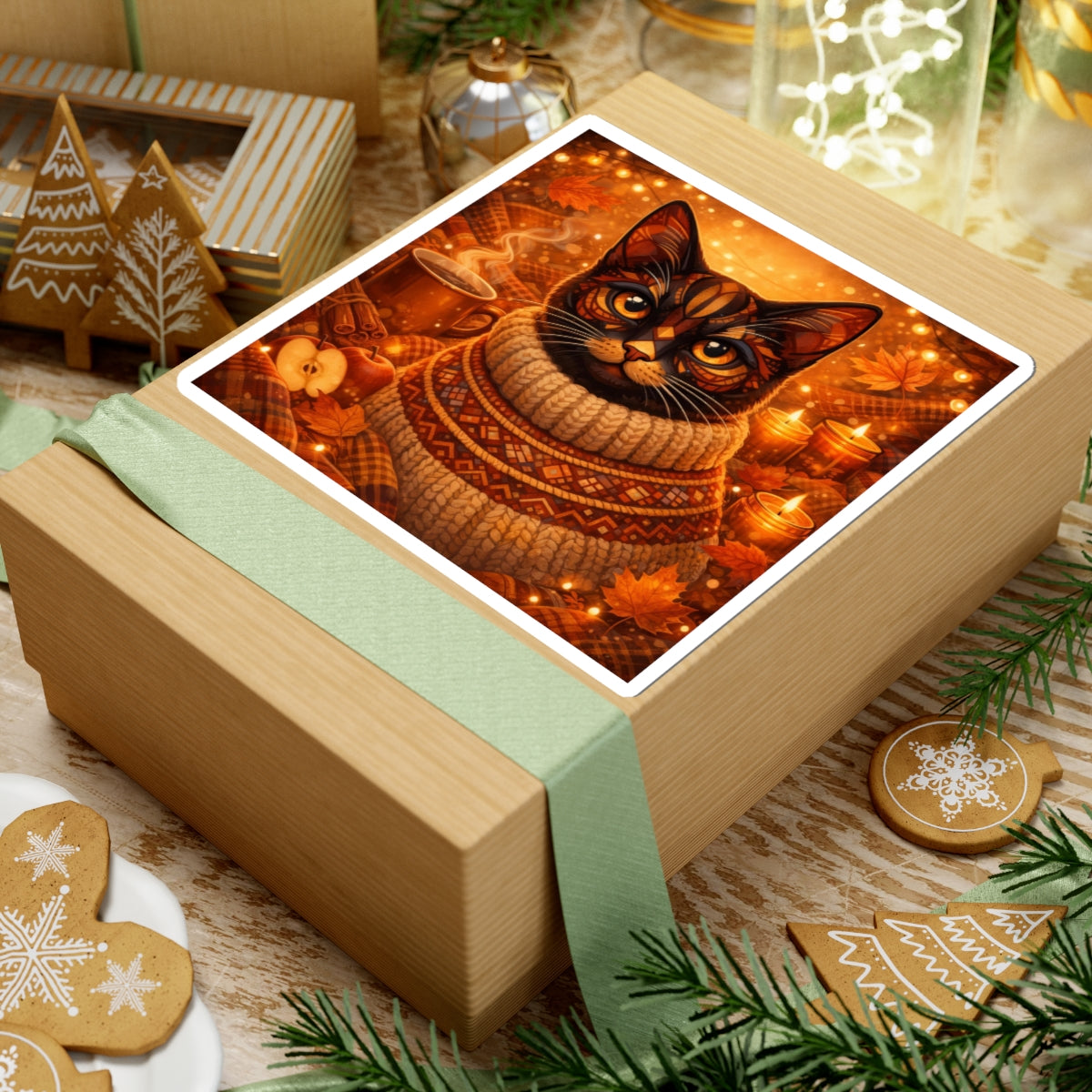 Autumn Cozy Cat Sticker — Fall Sweater Kitty Kiss-Cut Sticker