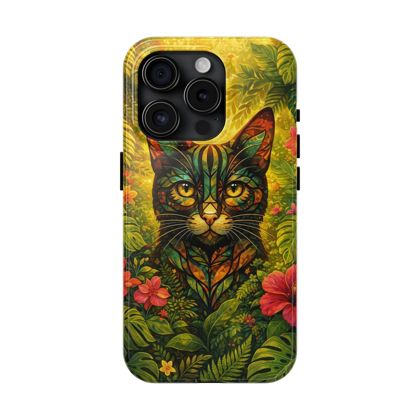 Tough phone case showing jungle cat artwork with wide black camera cutouts