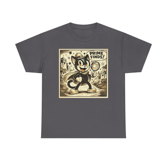 Charcoal vintage detective cat T-shirt with retro cartoon graphic on the front