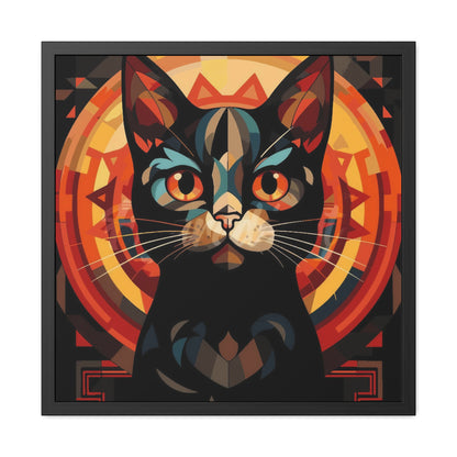 Framed Poster — Stylized Black Cat Art Print (Geometric Sun Halo)