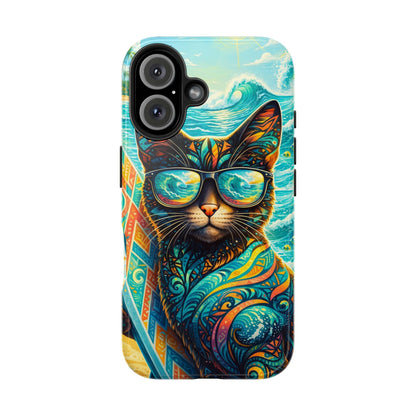 Tropical Surf Cat Tough Phone Case — Colorful Sunglasses Cat Slim Protective Cover