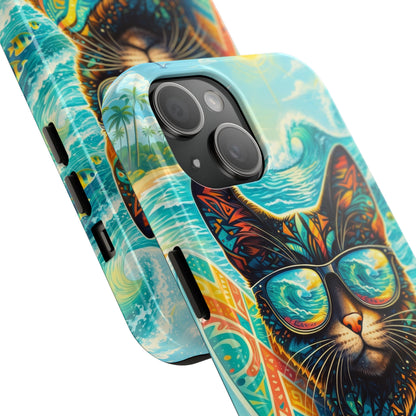 Tropical Surf Cat Tough Phone Case — Colorful Sunglasses Cat Slim Protective Cover