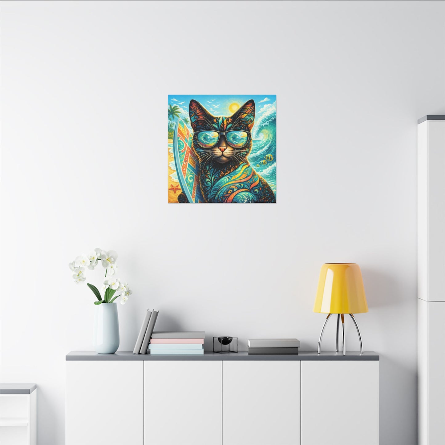Surf Cat Canvas Wall Art — Colorful Tropical Cat with Sunglasses