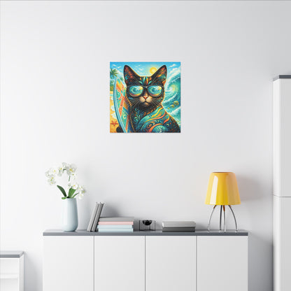 Surf Cat Canvas Wall Art — Colorful Tropical Cat with Sunglasses
