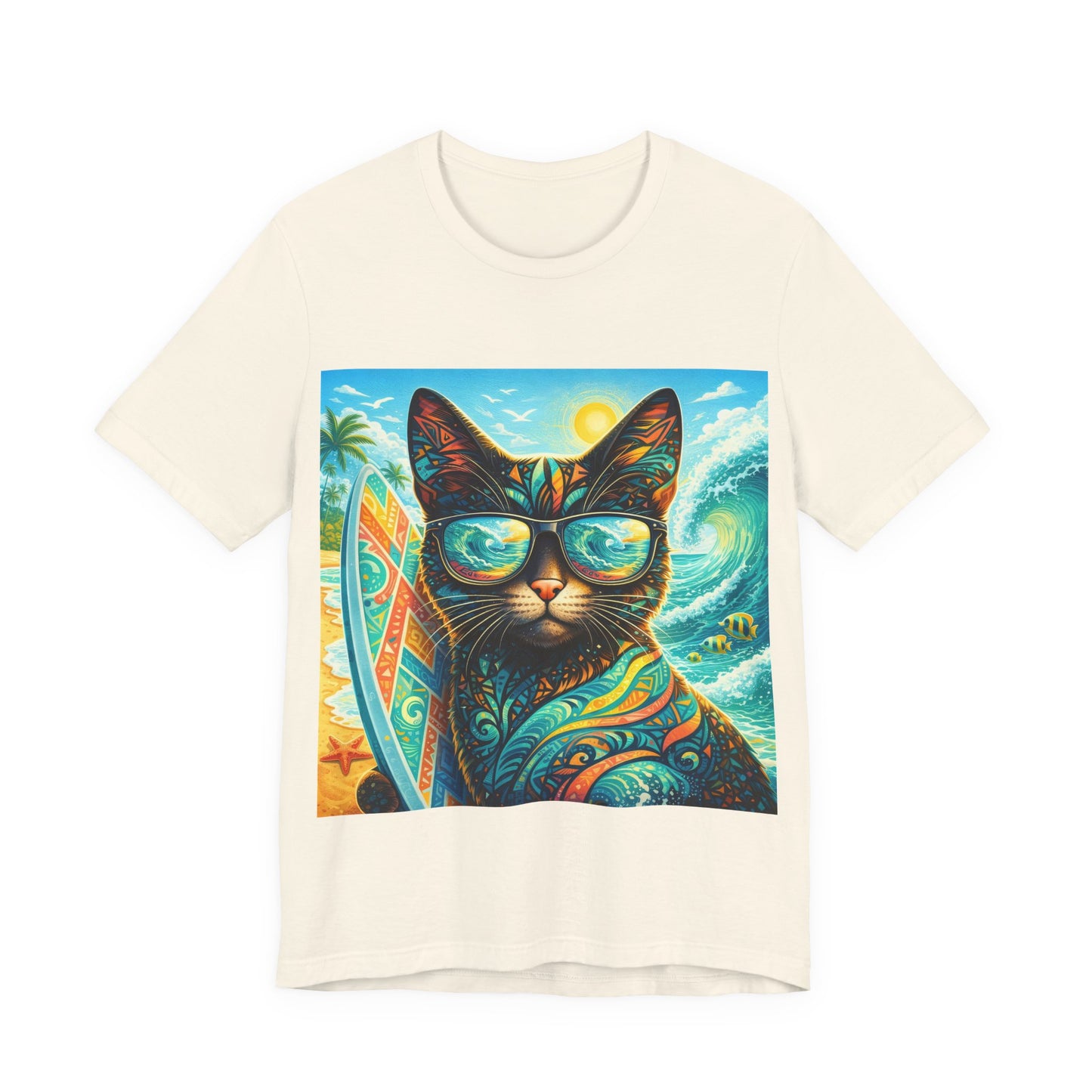 Surf Cat T-Shirt — Retro Tropical Cat with Sunglasses & Surfboard