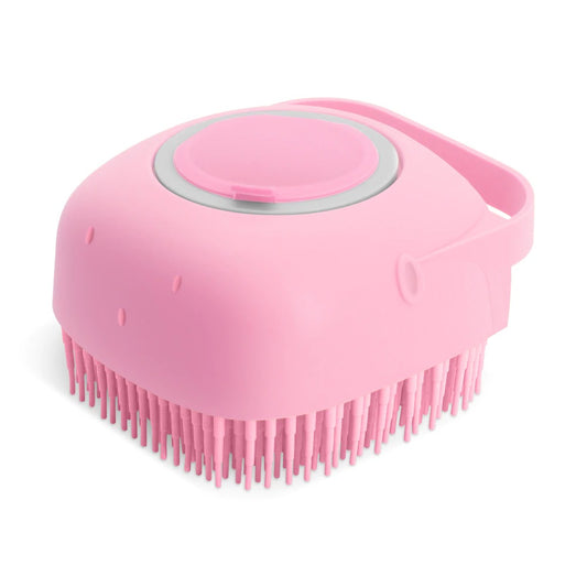 Pink pet shampoo massager brush with round button and soft bristles