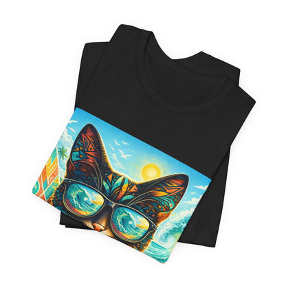 Surf Cat T-Shirt — Retro Tropical Cat with Sunglasses & Surfboard
