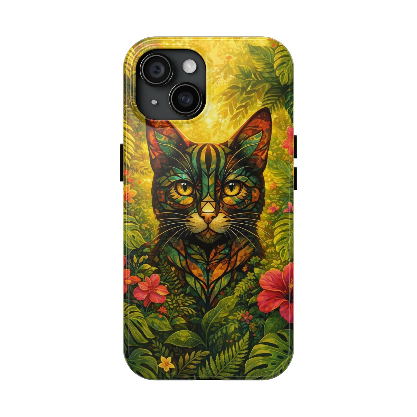 Tough phone case with colorful jungle cat face and tropical leaf design