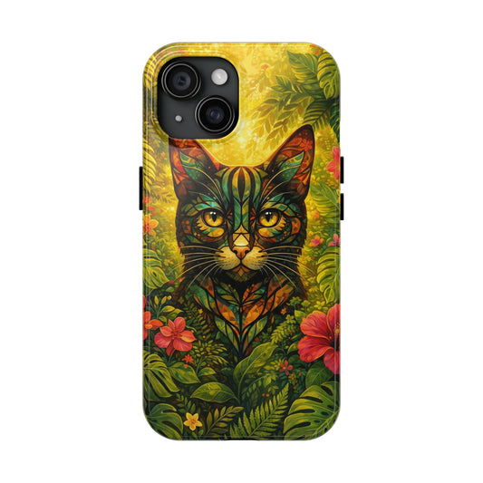 Tough phone case with colorful jungle cat face and tropical leaf design