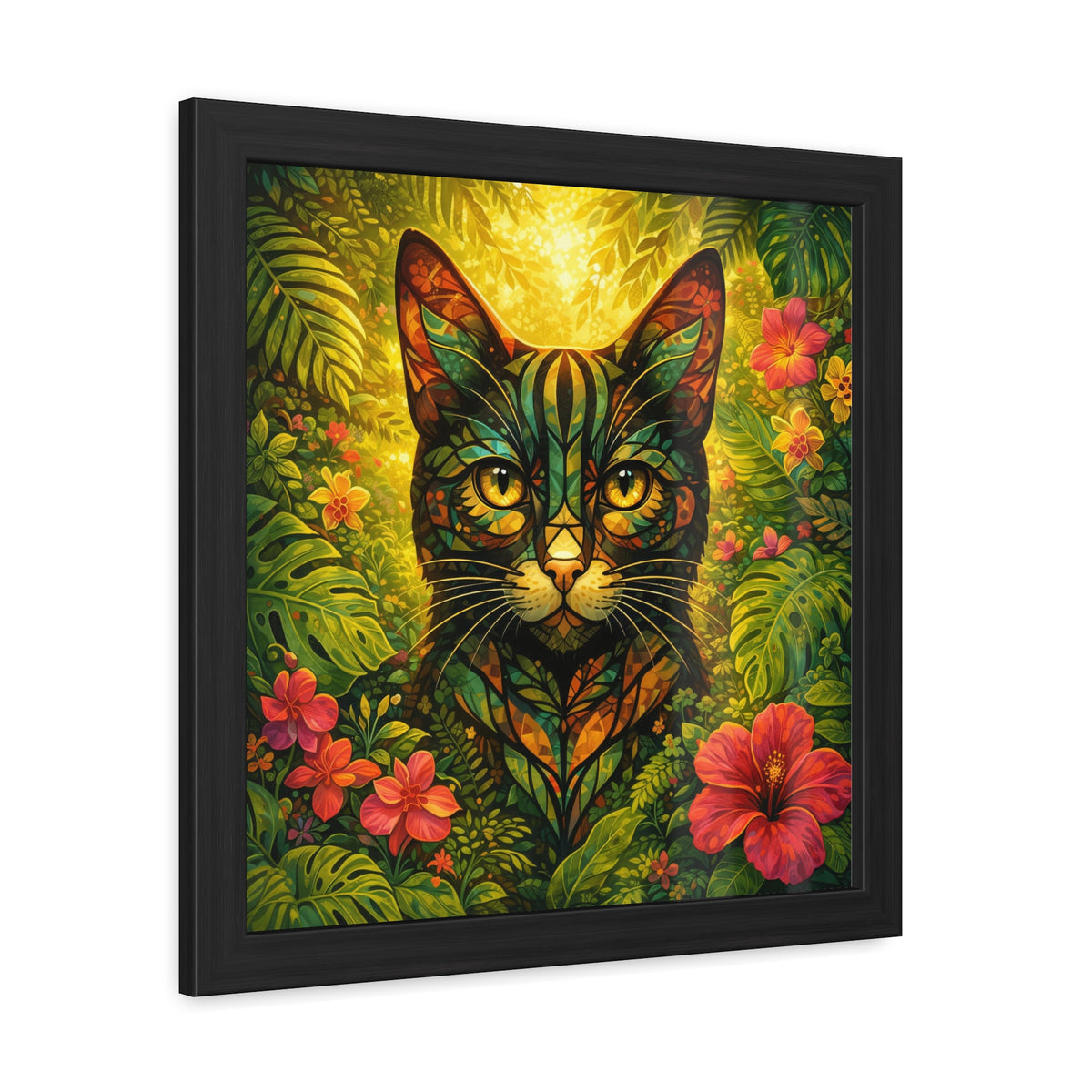 Framed tropical cat artwork with multicolored foliage and warm yellow glow background