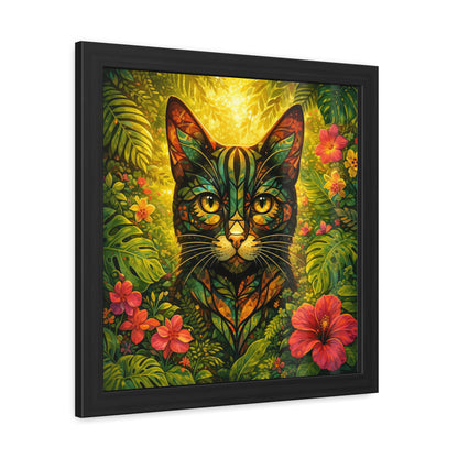 Framed tropical cat artwork with multicolored foliage and warm yellow glow background