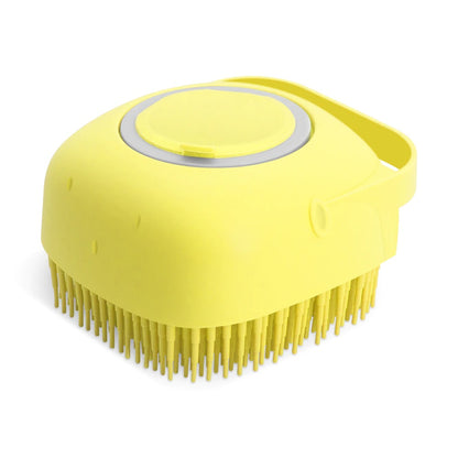 Yellow pet shampoo massager brush with round button and flexible bristles