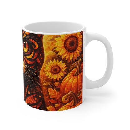 Autumn Witch Cat Mug — 11oz Halloween Pumpkin & Fall Leaves Coffee Cup