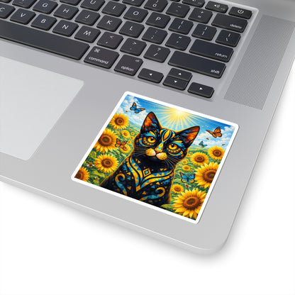Sunflower Cat Sticker — Vibrant Floral Cat Sticker with Butterflies