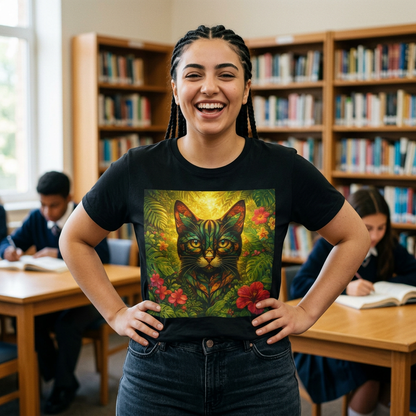 Tropical Cat T‑Shirt — Vibrant Floral Jungle Cat Art Tee